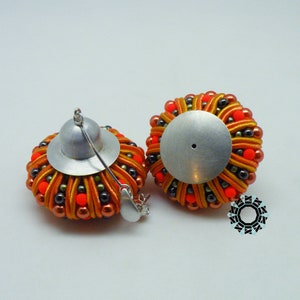OOAK orange sphere soutache earrings with silver, 3D soutache, donut earrings, round earrings, unique artwork, textile earrings, unique art,