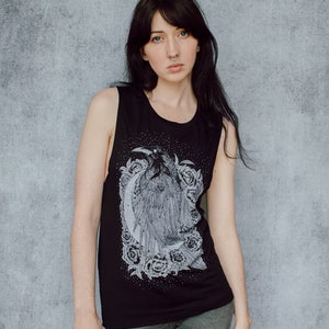 Raven and Crescent Moon Black Screen Print Women's Slouch Muscle Tank