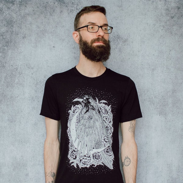 Raven and Crescent Moon Black Screen Print Punk T-Shirt