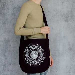 Moon Moth and Mushrooms Black Organic Cotton Slouch Bag