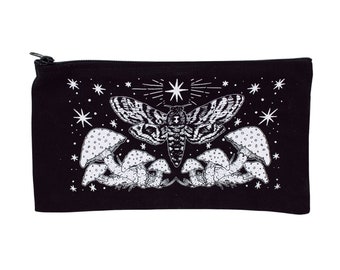 Moth and Mushroom Black Organic Canvas Pencil Pouch