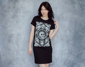 Ossuary Skull Shrine Black Screen Printed Organic Cotton T-Shirt Dress