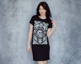 Ossuary Skull Shrine Black Screen Printed Cotton T-Shirt Dress