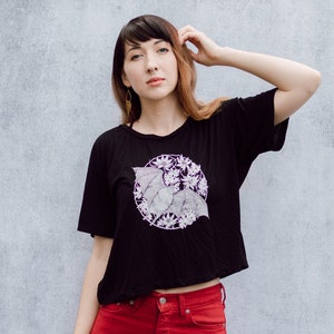 Vampire Bat Screen Print Punk Black Open Neck Crop Tee