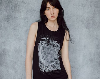 Raven and Crescent Moon Black Screen Print Women's Slouch Muscle Tank