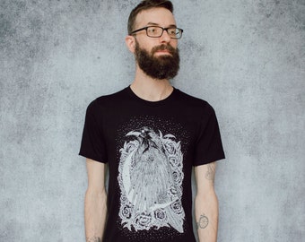 Raven and Crescent Moon Black Screen Print Punk T-Shirt