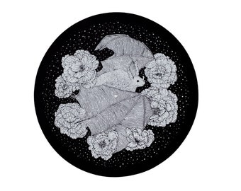 Bat and Peonies Floral Printed Black Record Slipmat