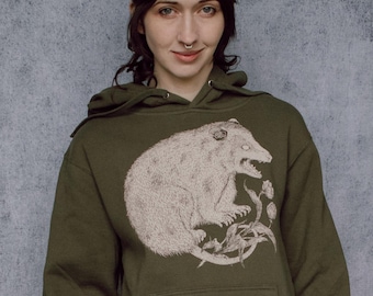 The Possum Screen Print Pull Over Earthy Green Hoodie