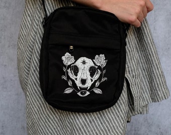 Cat Skull Black Hand Printed Mini Satchel Bag