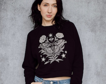 Moth Eye Floral Shrine Crop Crew Neck Black Sweatshirt