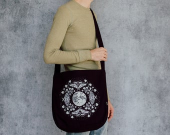 Moon Moth and Mushrooms Black Organic Cotton Slouch Bag