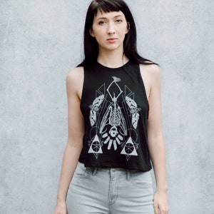 Geometric Hanging Bat Skeleton Black Screen Printed Punk Racerback Crop Top image 1