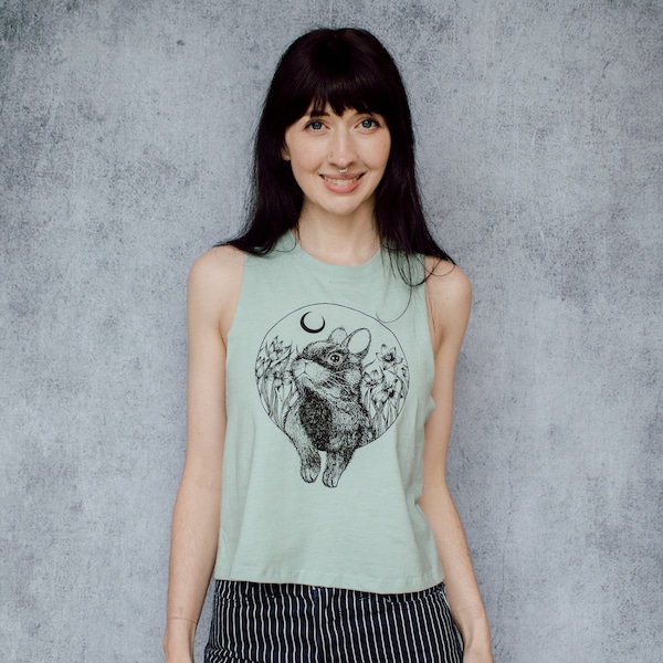 Rabbit and Moon Heathered Seafoam Screen Printed Punk Racerback Crop Top