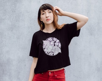 Vampire Bat Screen Print Punk Black Open Neck Crop Tee