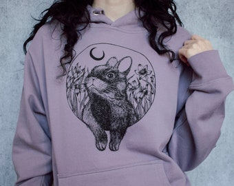 Dusky Purple Rabbit Crescent Floral Hand Screen Print Pull Over Hoodie