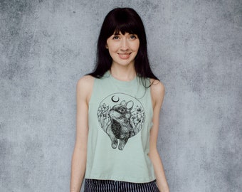 Rabbit and Moon Heathered Seafoam Screen Printed Punk Racerback Crop Top