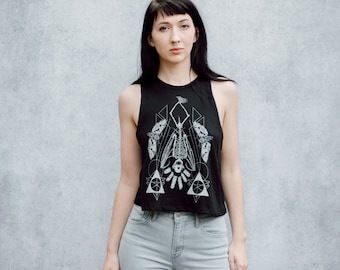 Geometric Hanging Bat Skeleton Black Screen Printed Punk Racerback Crop Top