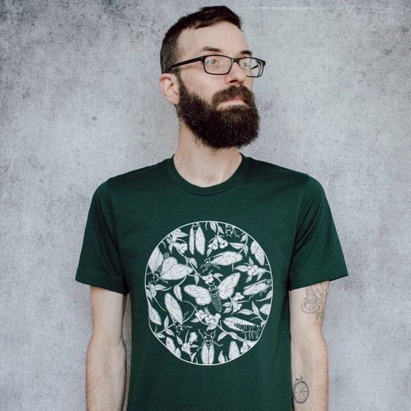 Cicada and Floral Emerge Forest Green Screen Printed T-Shirt