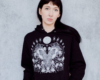 Storm Omens and Hooded Crow Moon Black Punk Screen Print Pull Over Hoodie