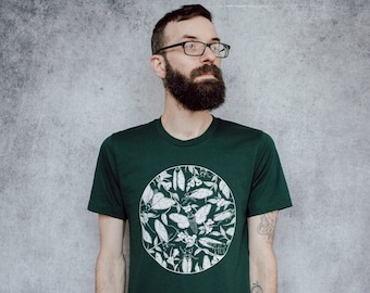 Cicada and Floral Emerge Forest Green Screen Printed T-Shirt