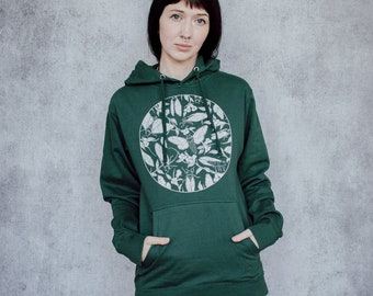 Emerge Floral Cicada Forest Green Punk Screen Print Pull Over Hoodie