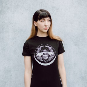 Honey Bee and Crescent Moon Floral Unisex Black T-Shirt image 6