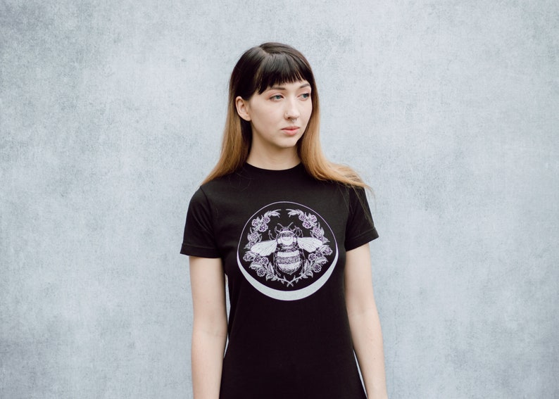 Honey Bee and Crescent Moon Floral Unisex Black T-Shirt image 6