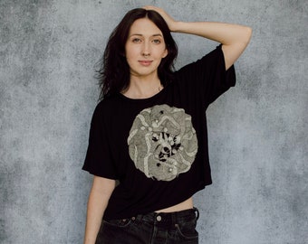 Otters and Kelp Screen Print Punk Black Open Neck Crop Tee