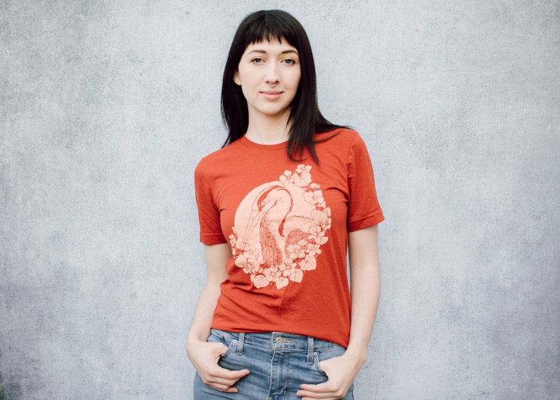 Nasturtium and Heron Brick Red Tri Blend Screen Printed Unisex Tee image 7