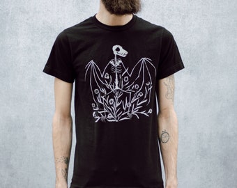 Bat Skeleton and Chicory Black Screen Printed Punk Unisex T-Shirt