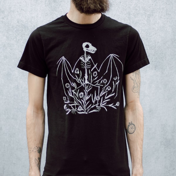 Bat Skeleton and Chicory Black Screen Printed Punk Unisex T-Shirt