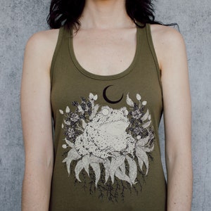 Green Toad and Toad Lilies Crescent Moon Racerback Tank