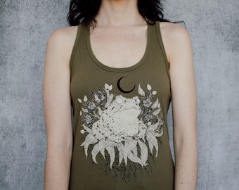 Green Toad and Toad Lilies Crescent Moon Racerback Tank