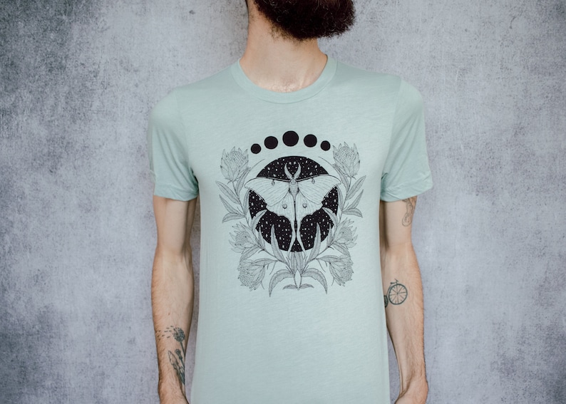 Luna Moth and Protea Flower Seafoam Unisex T-Shirt image 9