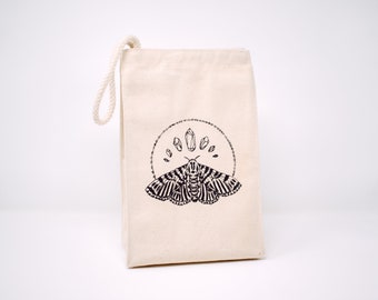 Moth and Crystal Screen Printed Recycled Cotton Canvas Reusable Lunch Bag