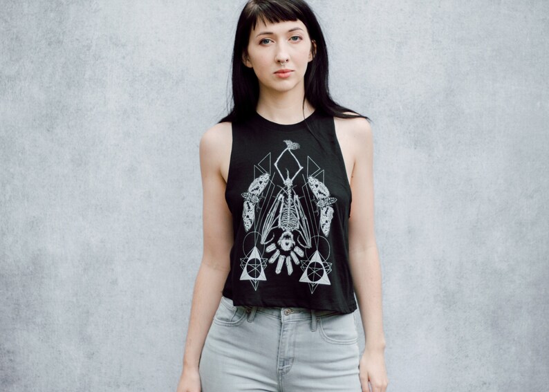 Geometric Hanging Bat Skeleton Black Screen Printed Punk image 1