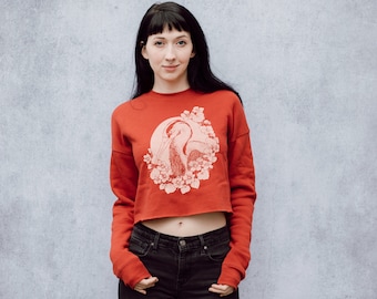 Heron and Nasturtium Brick Red Floral Crop Crewneck Fleece