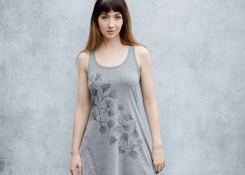 Ginkgo Leaf Heather Grey Screen Print Mini Tank Dress image 8