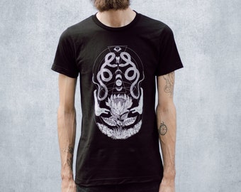 Geometric Snake and Bone and Moon Phases Floral Unisex Black T-Shirt