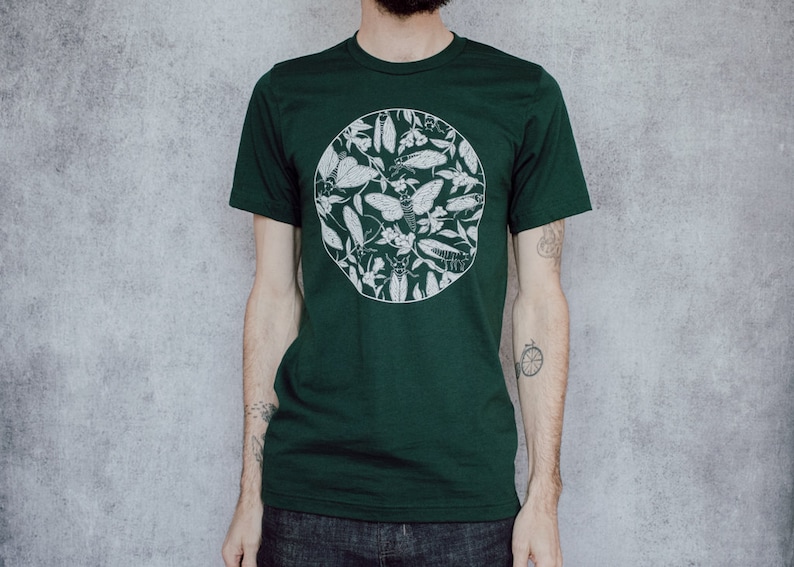 Cicada and Floral Emerge Forest Green Screen Printed T-Shirt image 3