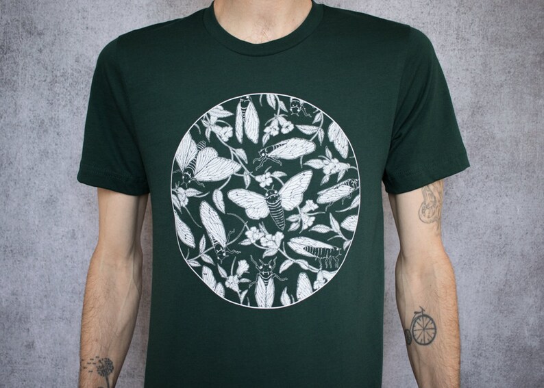 Cicada and Floral Emerge Forest Green Screen Printed T-Shirt image 7