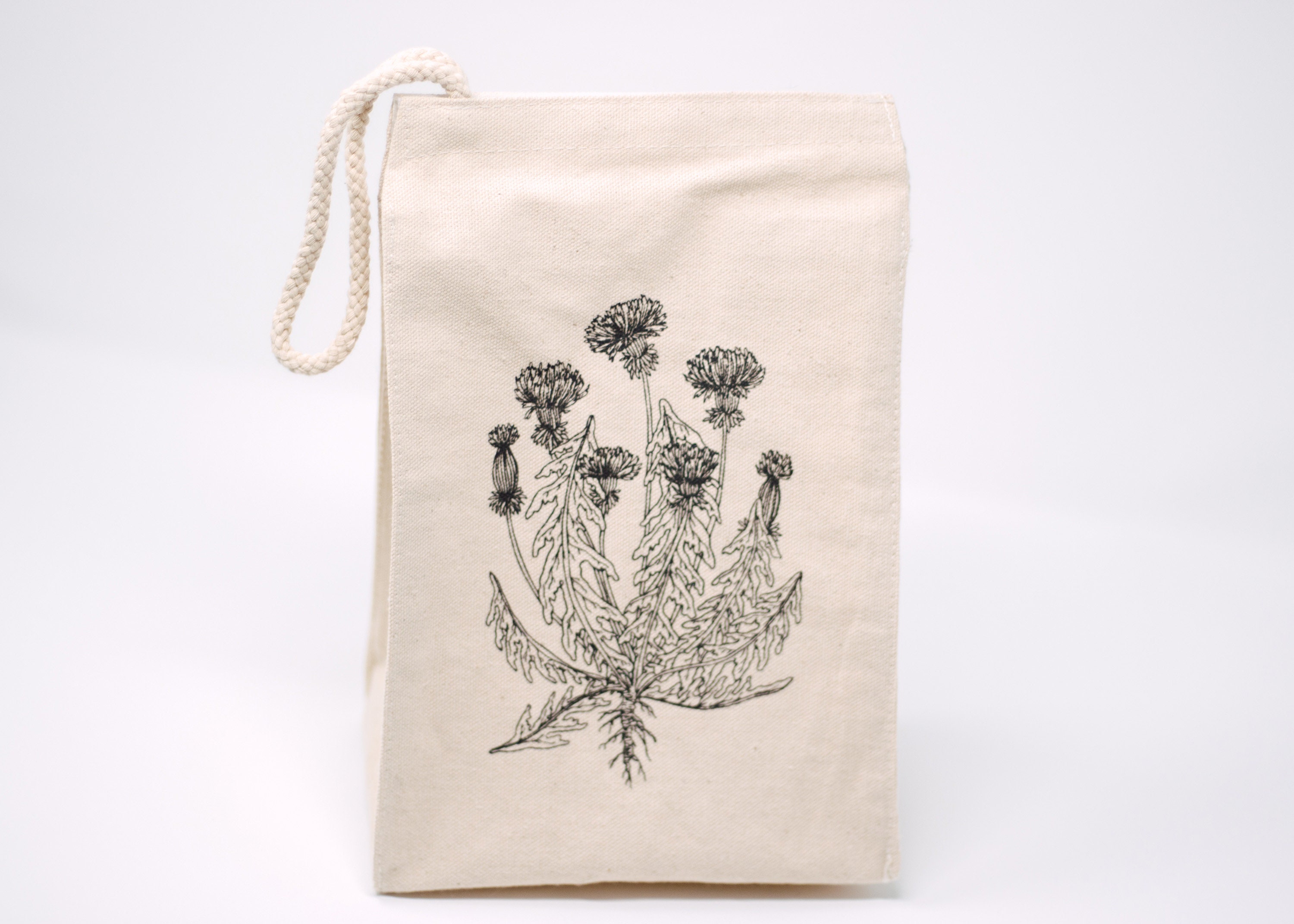 Linen Carry Bag (M) - Off-White Dandelion Print, Jute Rope Handles