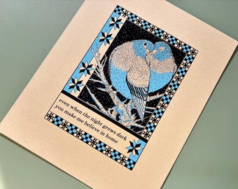Hand Screen Print Pigeon Love Doves Folk Art Two Color