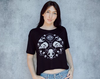 Skull Grid Screen Print Punk Black Open Neck Crop Tee