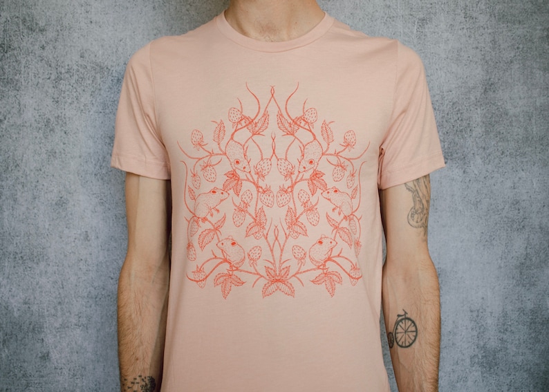 Mouse and Strawberry Peachy Pink Screen Printed Unisex Tee image 2