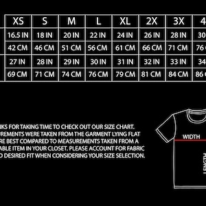 May include: Size chart for a t-shirt with measurements in inches and centimeters. The chart shows the width and length of the shirt in different sizes, from XS to 5X.
