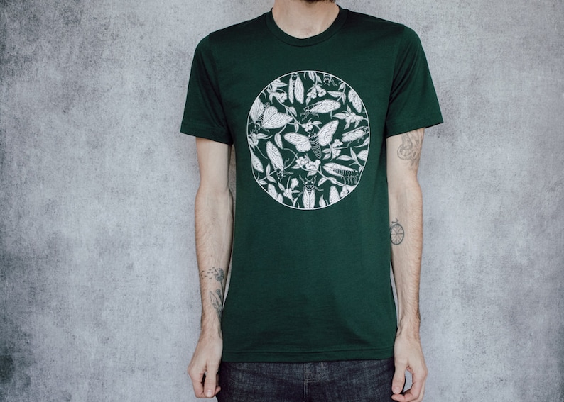 Cicada and Floral Emerge Forest Green Screen Printed T-Shirt image 2