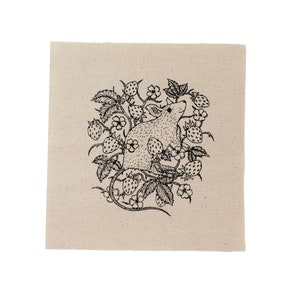 May include: A black and white illustration of a mouse sitting in a strawberry bush. The mouse is looking up and the strawberries are in various stages of ripeness.