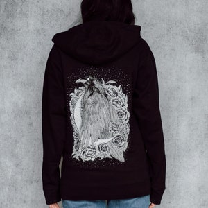 Raven and Crescent Black Zip Up Screen Print Punk Moon Phase Fleece Hoodie