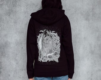 Raven and Crescent Black Zip Up Screen Print Punk Moon Phase Fleece Hoodie